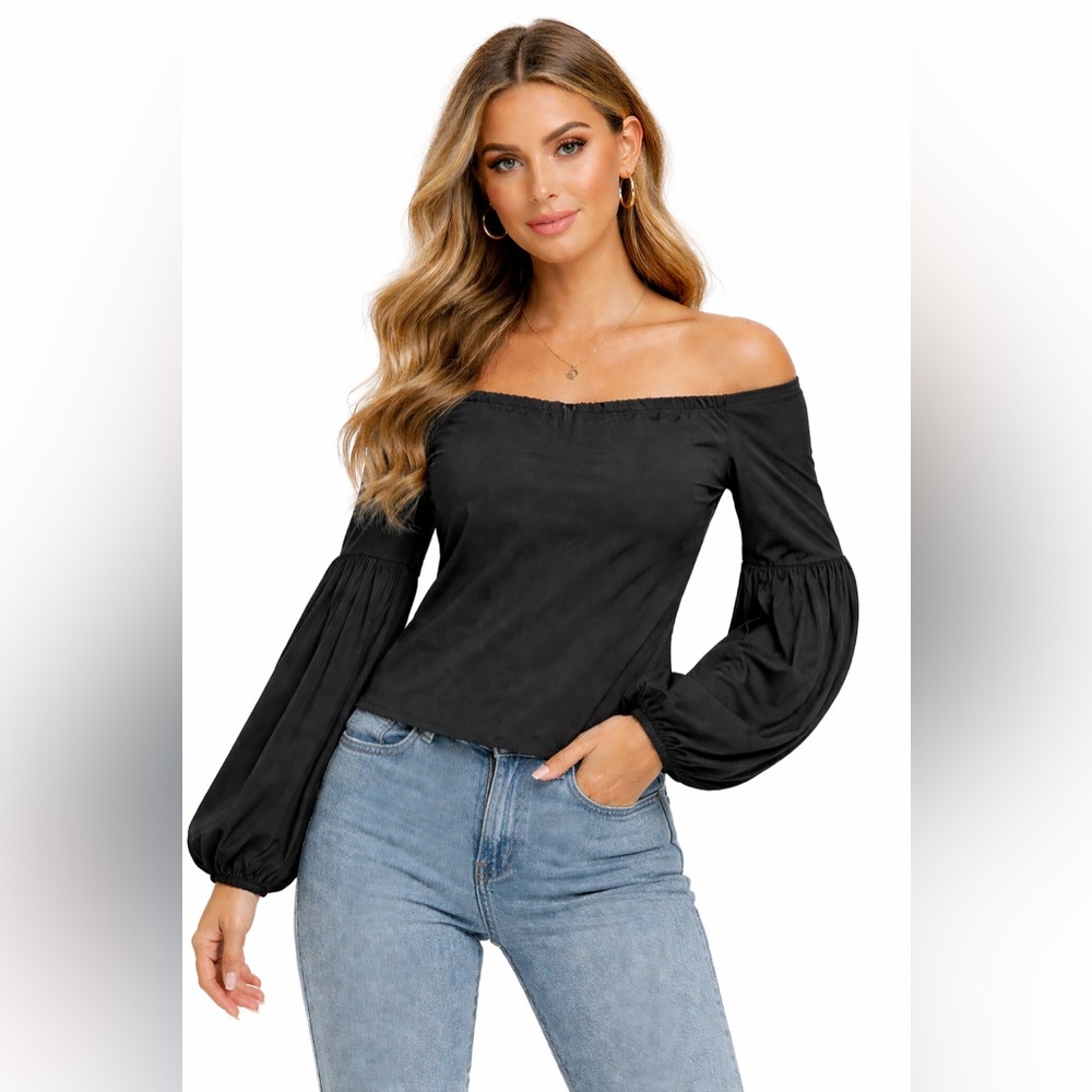 Caroline Constas Off Shoulder Lantern Sleeve Black Blouse NWT Quiet Luxury